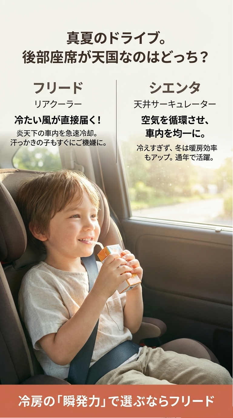 夏の快適性の比較。フリードは冷たい風が届くリアクーラー、シエンタは空気を循環させる天井サーキュレーターを搭載。 