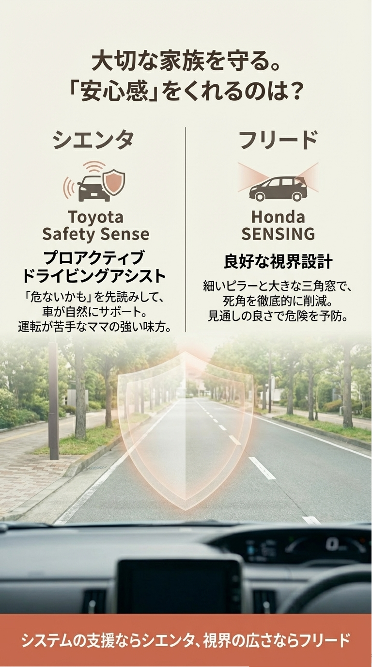 安心感の比較。シエンタはToyota Safety Sense（プロアクティブドライビングアシスト）、フリードはHonda SENSINGと良好な視界設計について記載。 