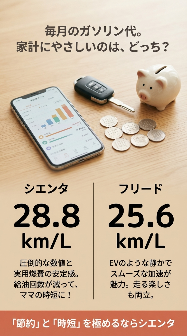 ハイブリッド車の燃費比較。シエンタは28.8km/L、フリードは25.6km/L。シエンタは節約と時短、フリードは走る楽しさを強調しています。 