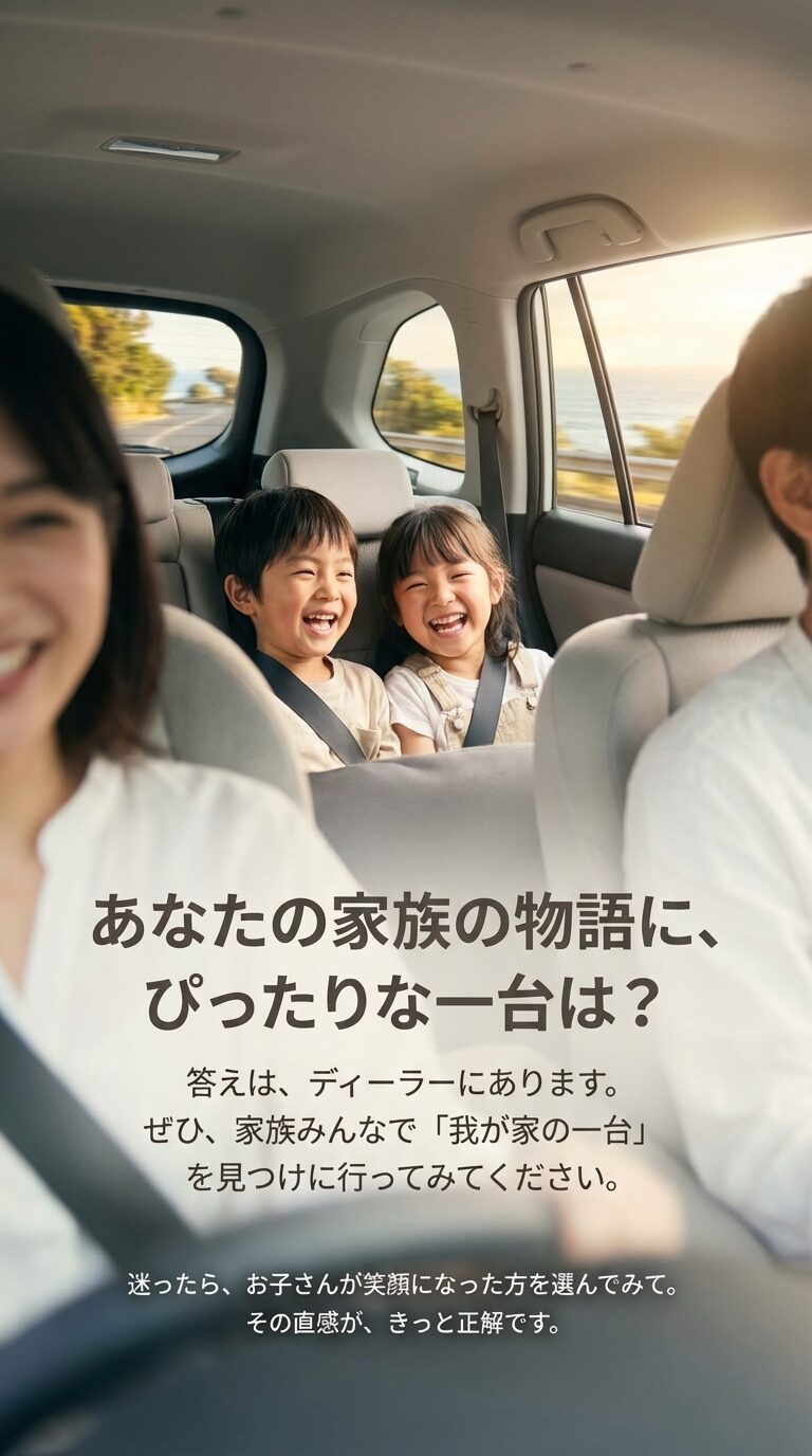 「あなたの家族の物語に、ぴったりな一台は？」というメッセージと、迷ったらお子さんが笑顔になった方を選んでというアドバイス。 