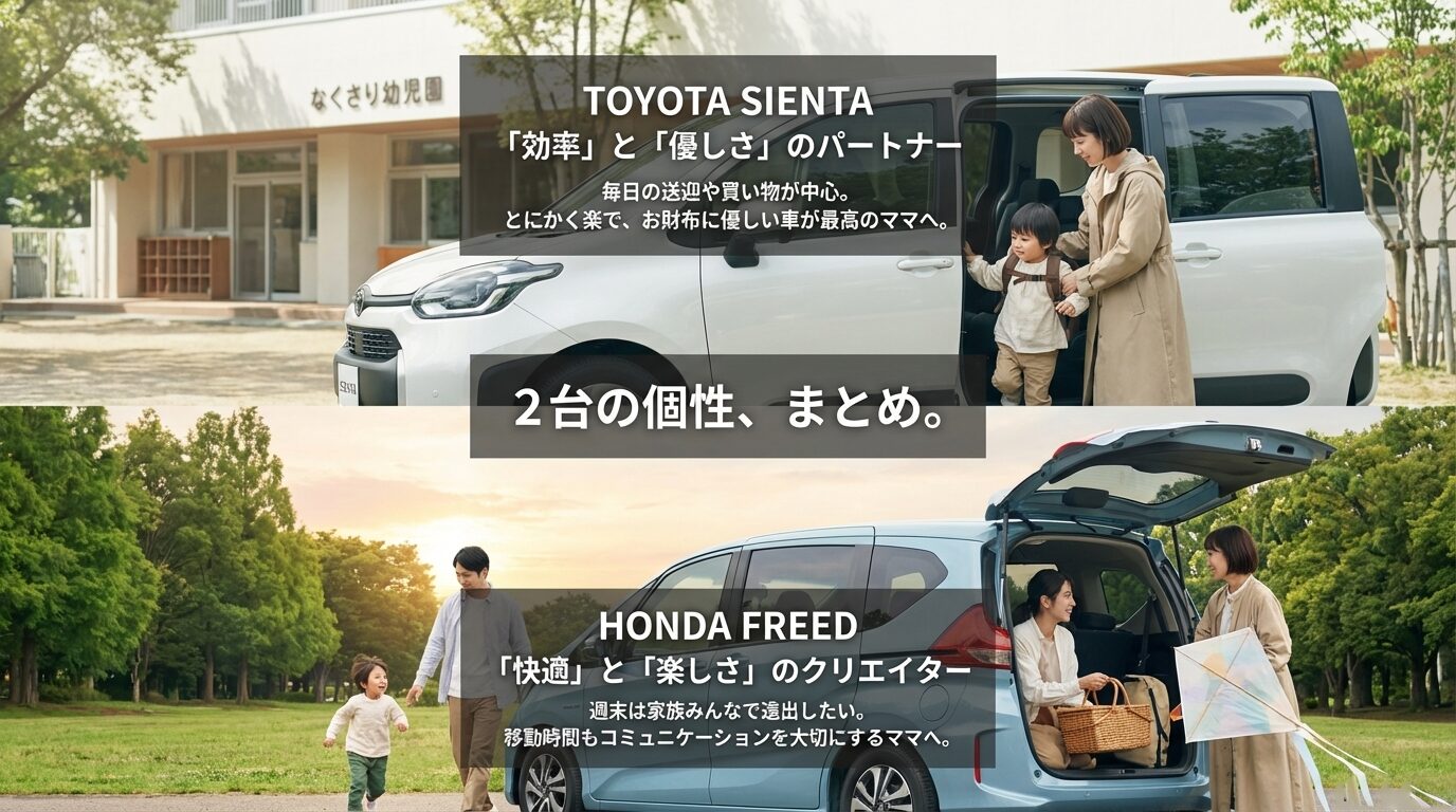 両車のまとめ。シエンタは効率と優しさのパートナー、フリードは快適と楽しさのクリエイターとして紹介。 