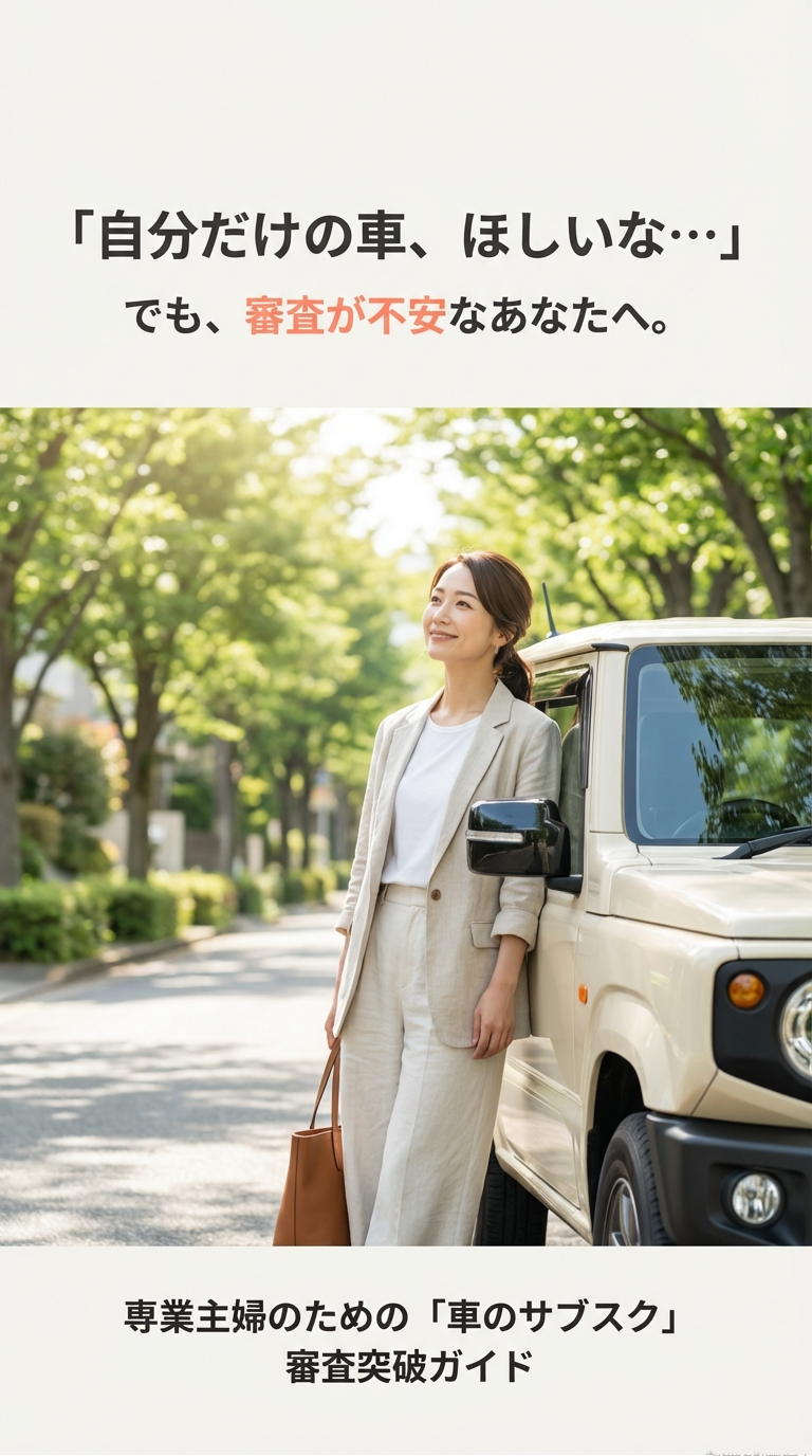 「自分だけの車、ほしいな…」でも審査が不安なあなたへ。専業主婦のための「車のサブスク」審査突破ガイドというタイトルの表紙スライド。 