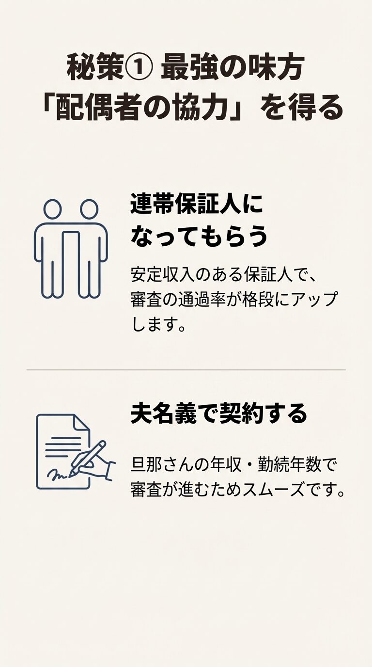 連帯保証人になってもらうことで通過率がアップすることや、夫名義で契約するスムーズさを説明したスライド。 