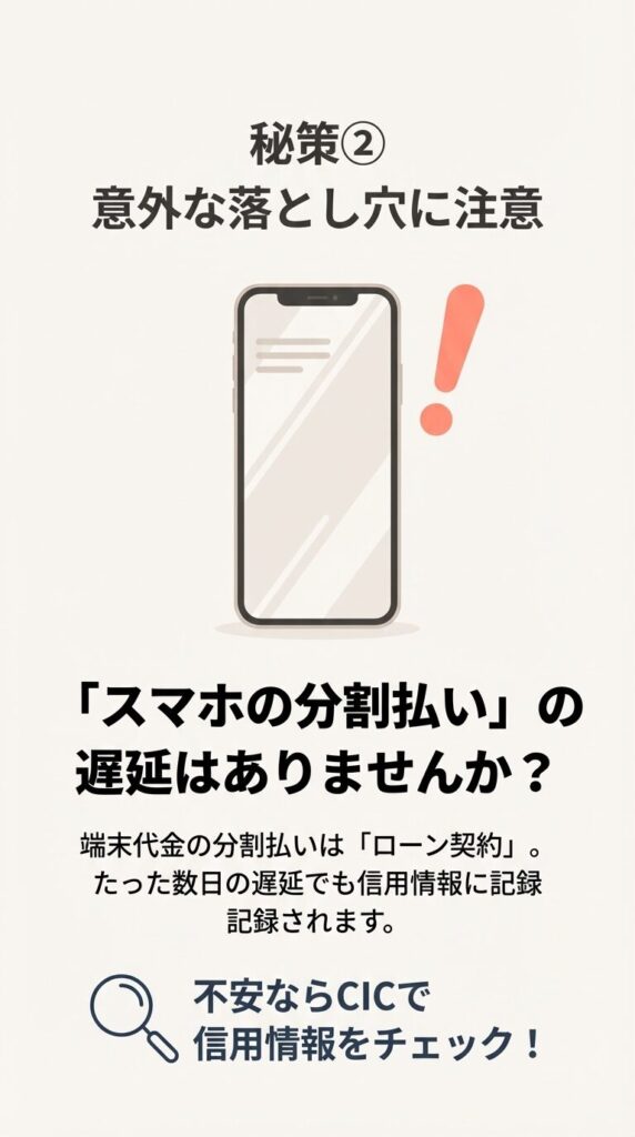 スマホの分割払いはローン契約であり、数日の遅延でも信用情報に記録されること、不安ならCICでのチェックを推奨する内容のスライド。 