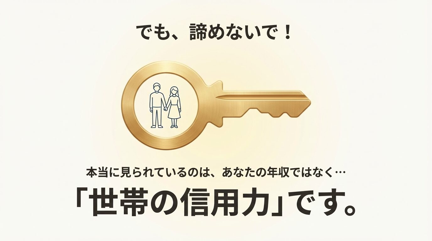 鍵のイラストの中に夫婦のアイコンがあり、「本当に見られているのは、あなたの年収ではなく、世帯の信用力です」と説明しているスライド。 