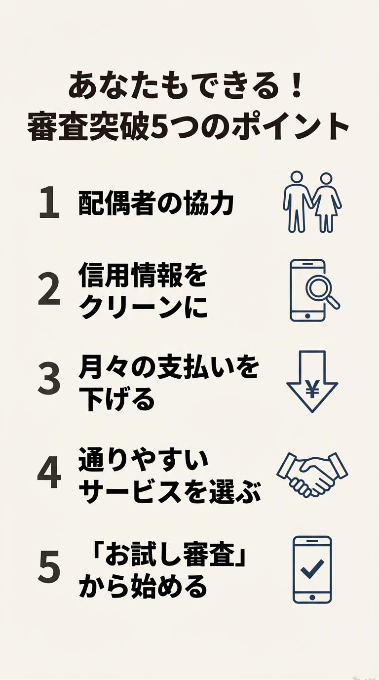 配偶者の協力、信用情報のクリーン化、支払額を下げる、サービスの選択、お試し審査の5つのポイントを一覧にしたまとめスライド。 