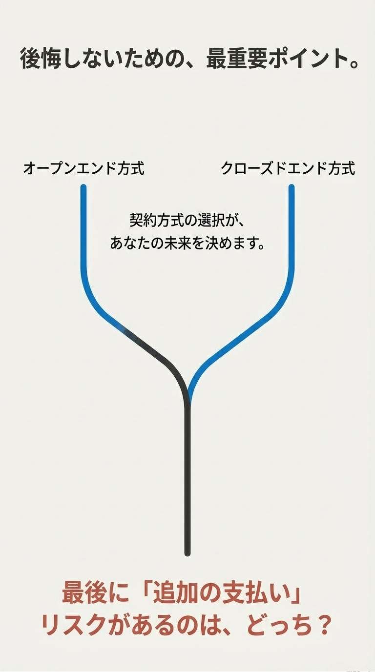 「オープンエンド方式」と「クローズドエンド方式」の文字。最後に「追加の支払い」リスクがあるのはどちらかを問いかける、契約方式の選択の重要性を説くスライド。
