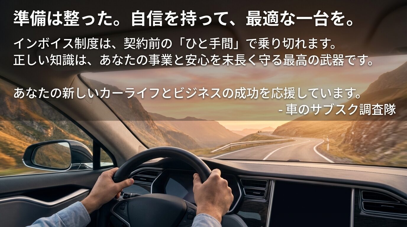 正しい知識が事業を守る武器になるというメッセージと、ユーザーの新しいカーライフとビジネスを応援する締めくくりのスライド。