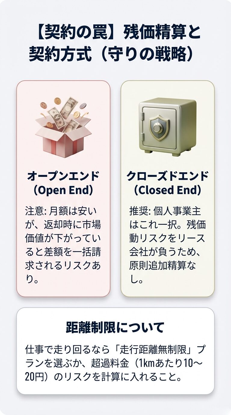 返却時に一括請求のリスクがあるオープンエンド方式と、追加精算がなく個人事業主に推奨されるクローズドエンド方式の比較図。 
