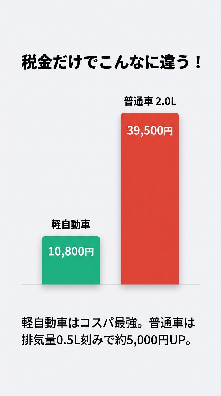 普通車2.0L（39,500円）と軽自動車（10,800円）の税額の差を示し、排気量0.5L刻みで約5,000円上がることを説明する図 