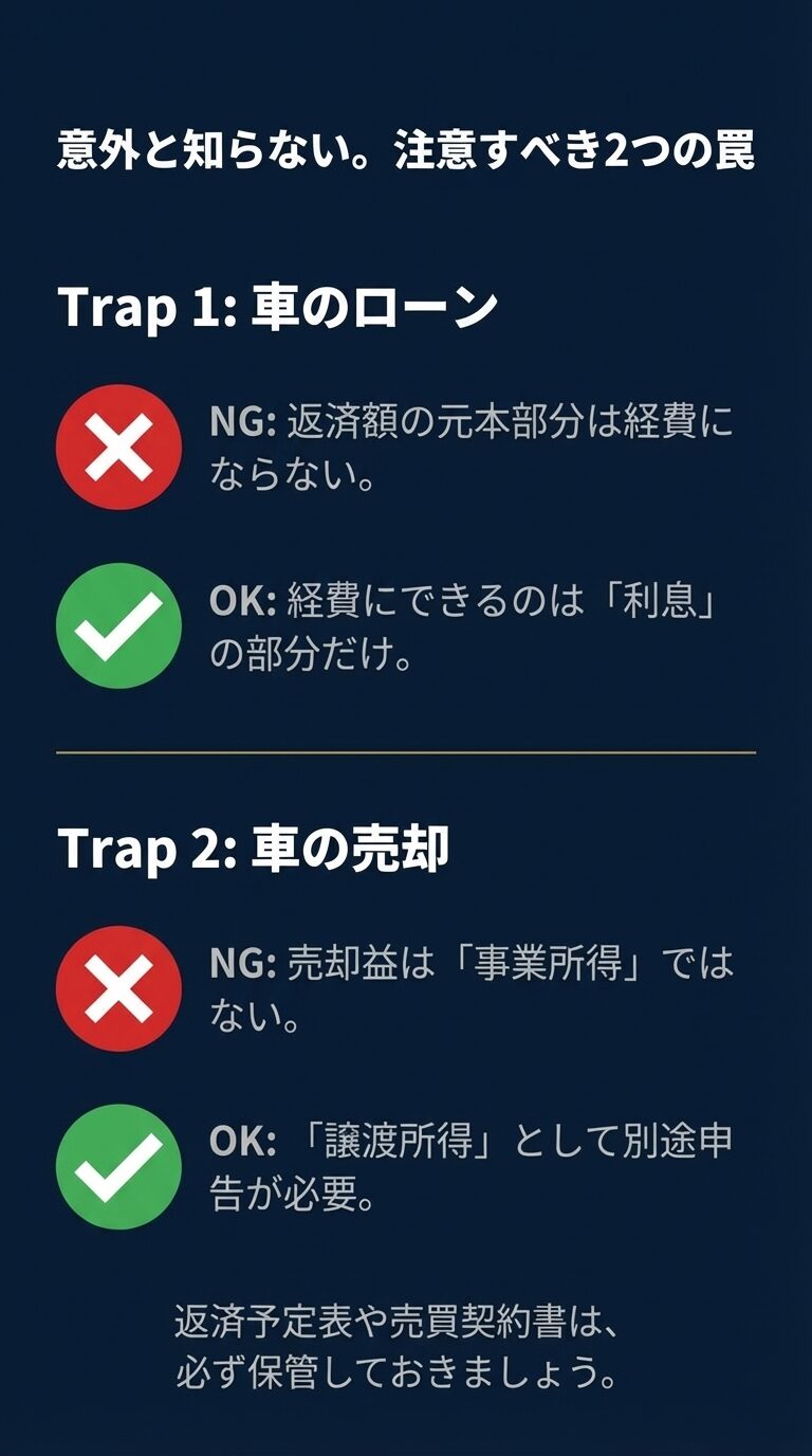 車のローンは利息のみ経費になる点と、車の売却益は事業所得ではなく譲渡所得になるという2つの注意点を解説したスライド。