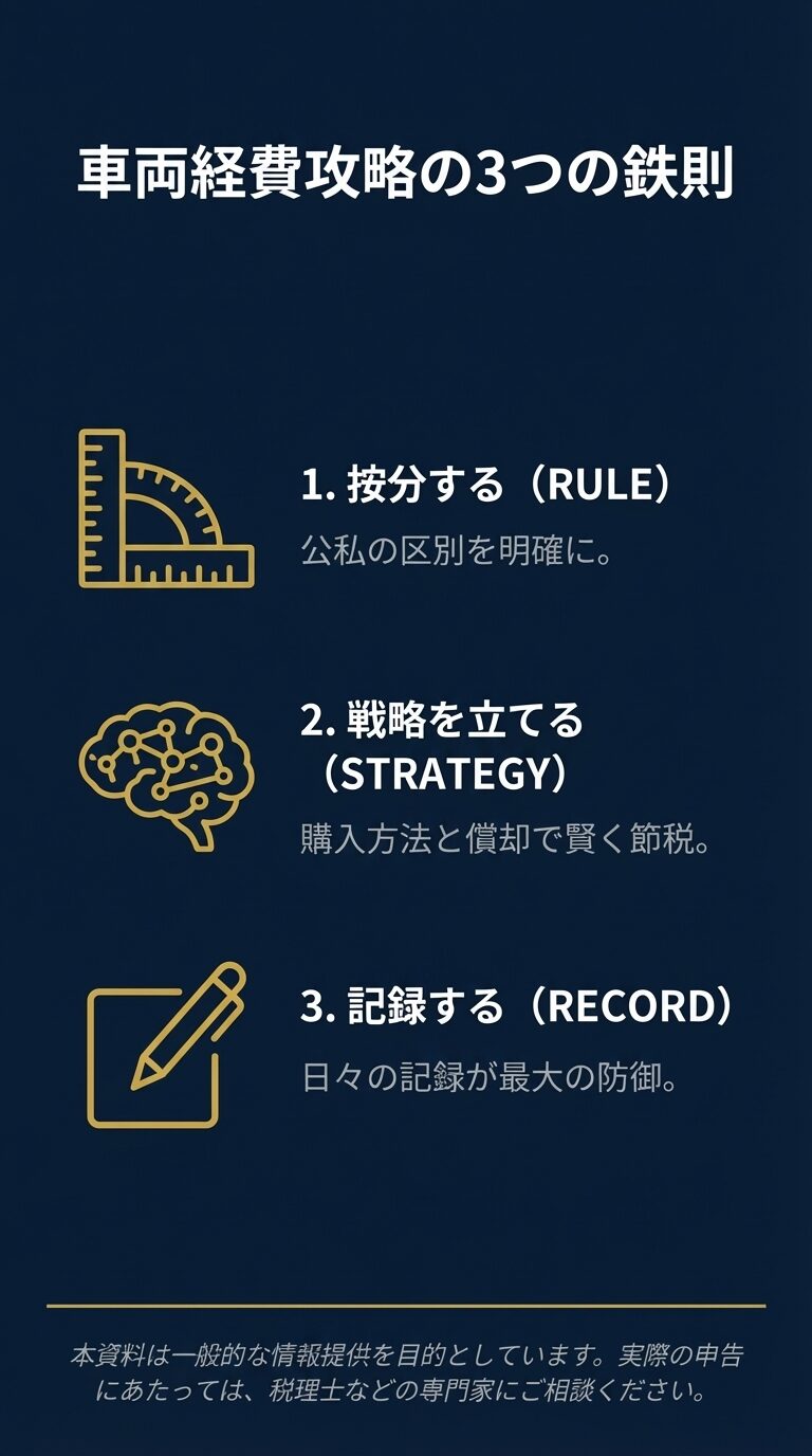 1.按分する、2.戦略を立てる、3.記録するという、車両経費攻略のための3つのルールをまとめたスライド。