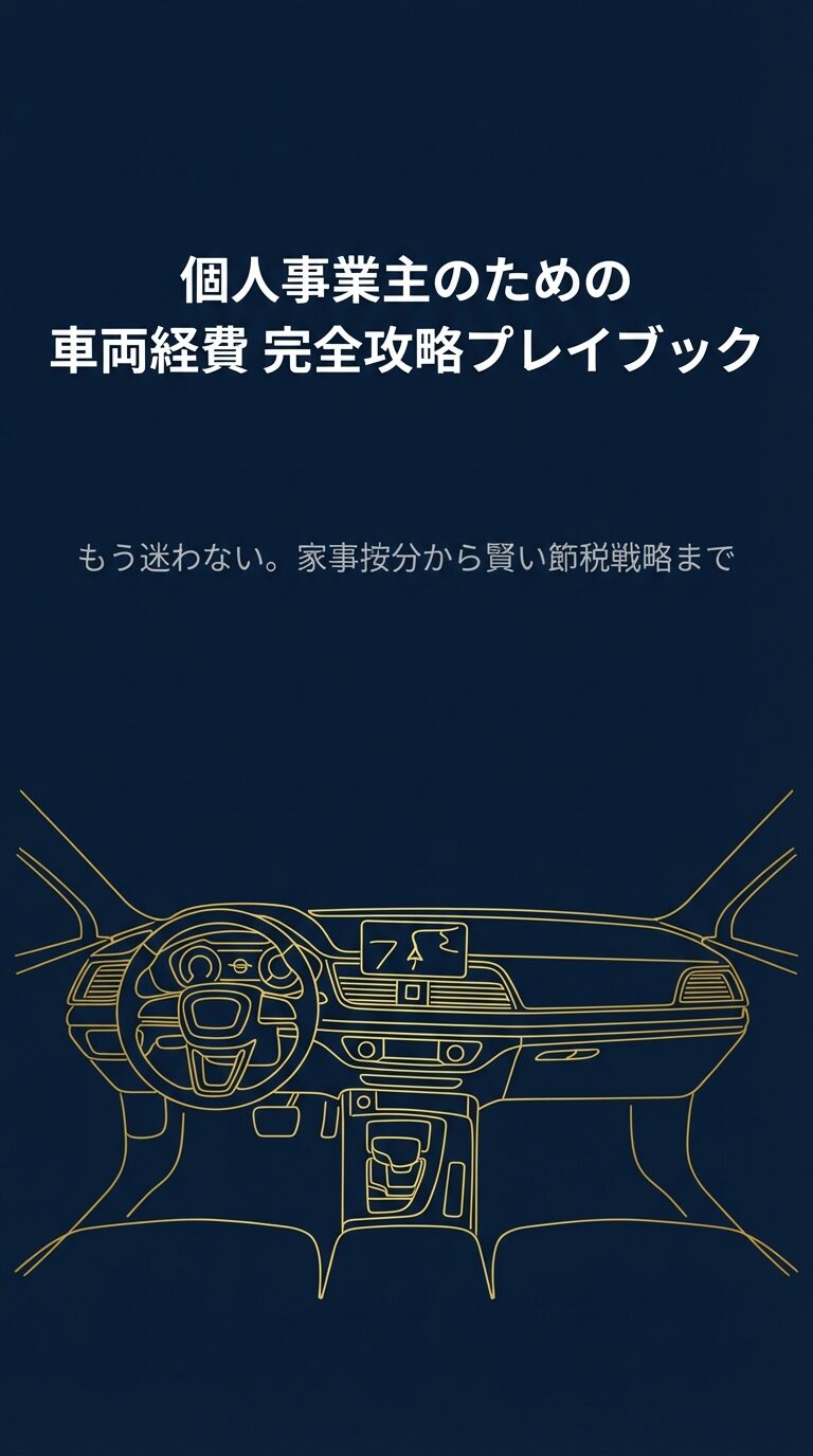 「個人事業主のための車両経費 完全攻略プレイブック。もう迷わない。家事按分から賢い節税戦略まで」と書かれた、車のダッシュボードのイラストのスライド。