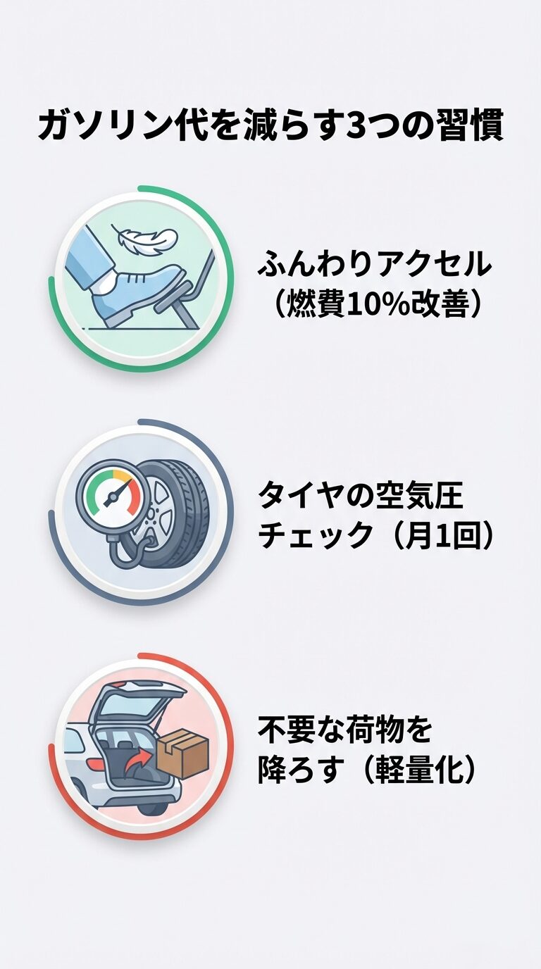 「ふんわりアクセル」「タイヤの空気圧チェック」「不要な荷物を降ろす」という燃費向上のための3つの具体的な習慣 