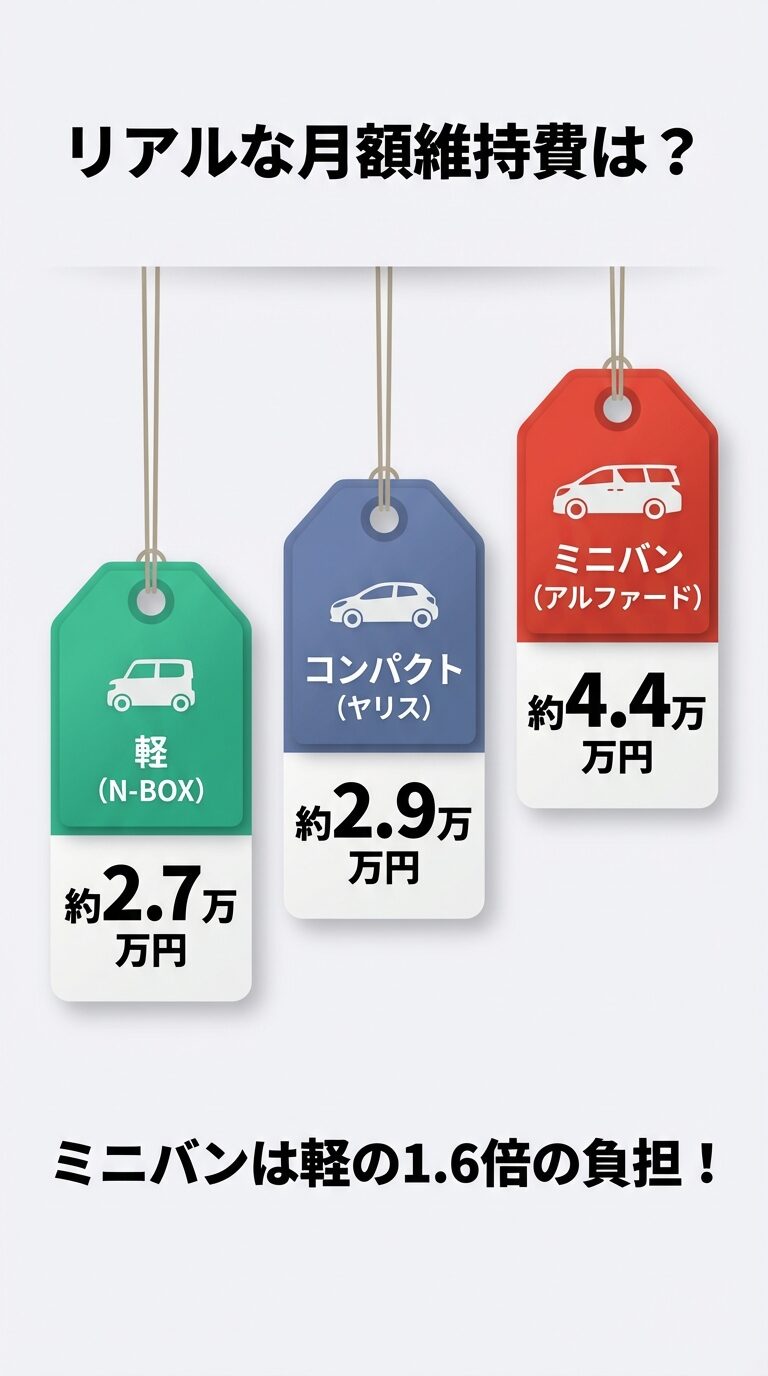 軽（約2.7万）、コンパクト（約2.9万）、ミニバン（約4.4万）の月額維持費を比較し、ミニバンの負担の重さを示すグラフ 