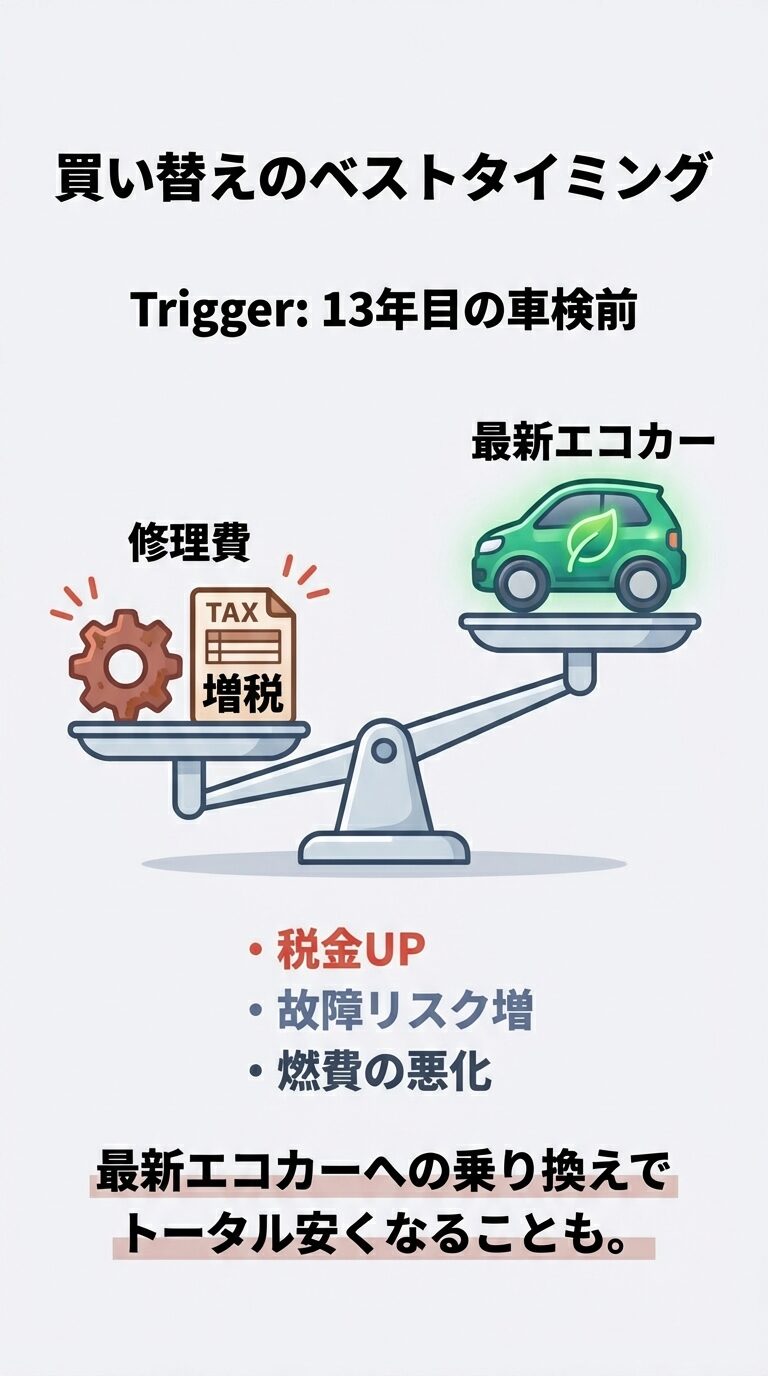 13年目の車検前に、税金UPや故障リスクと最新エコカーへの乗り換えによる節約を天秤にかけて比較する天秤のイラスト 