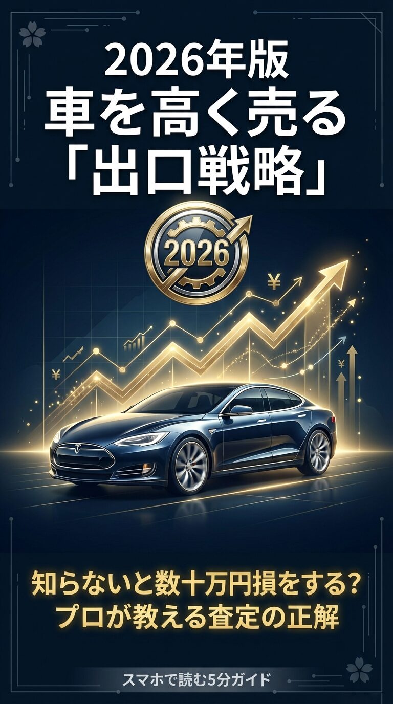2026年版「車を高く売る出口戦略」の表紙。プロが教える査定の正解、知らないと数十万円損をする可能性があることを示唆するタイトルスライド。 