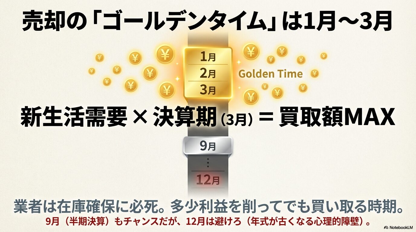 1月・2月・3月が「Golden Time」として強調されたグラフ。新生活需要と3月の決算期が重なり、買取額が最大化（MAX）することを示している。 