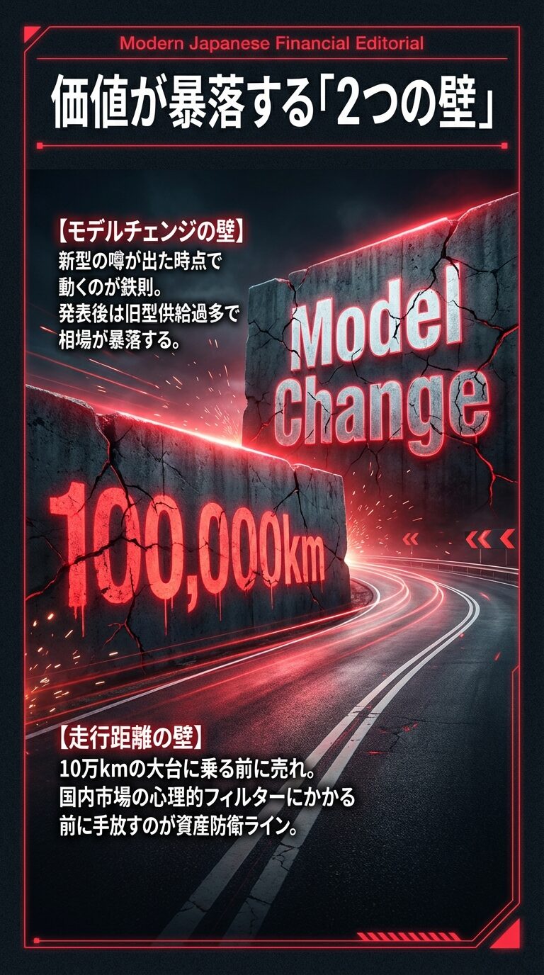 モデルチェンジの壁と走行距離の壁（10万km）を説明する図。新型の噂が出た時や10万kmの大台に乗る前に売るのが鉄則であることを示している