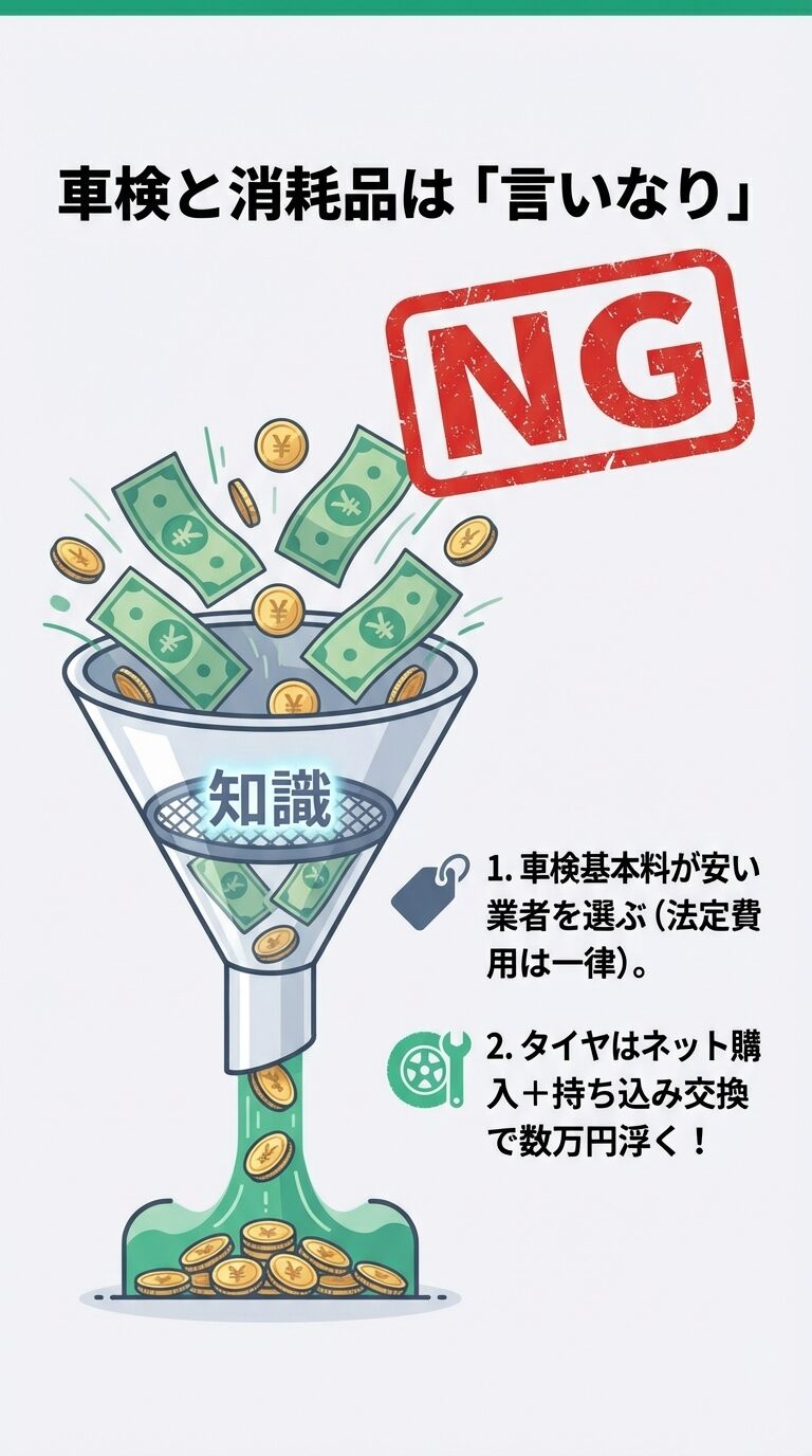 車検基本料が安い業者選びや、タイヤのネット購入＋持ち込み交換で数万円浮くことを説明するイラスト 