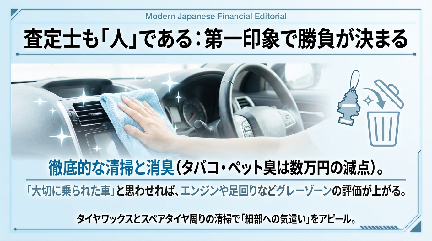 車の芳香剤をゴミ箱に捨てるイラスト。徹底的な清掃と消臭で、査定士に「大切に乗られた車」と思わせることが高評価に繋がることを説明している。 