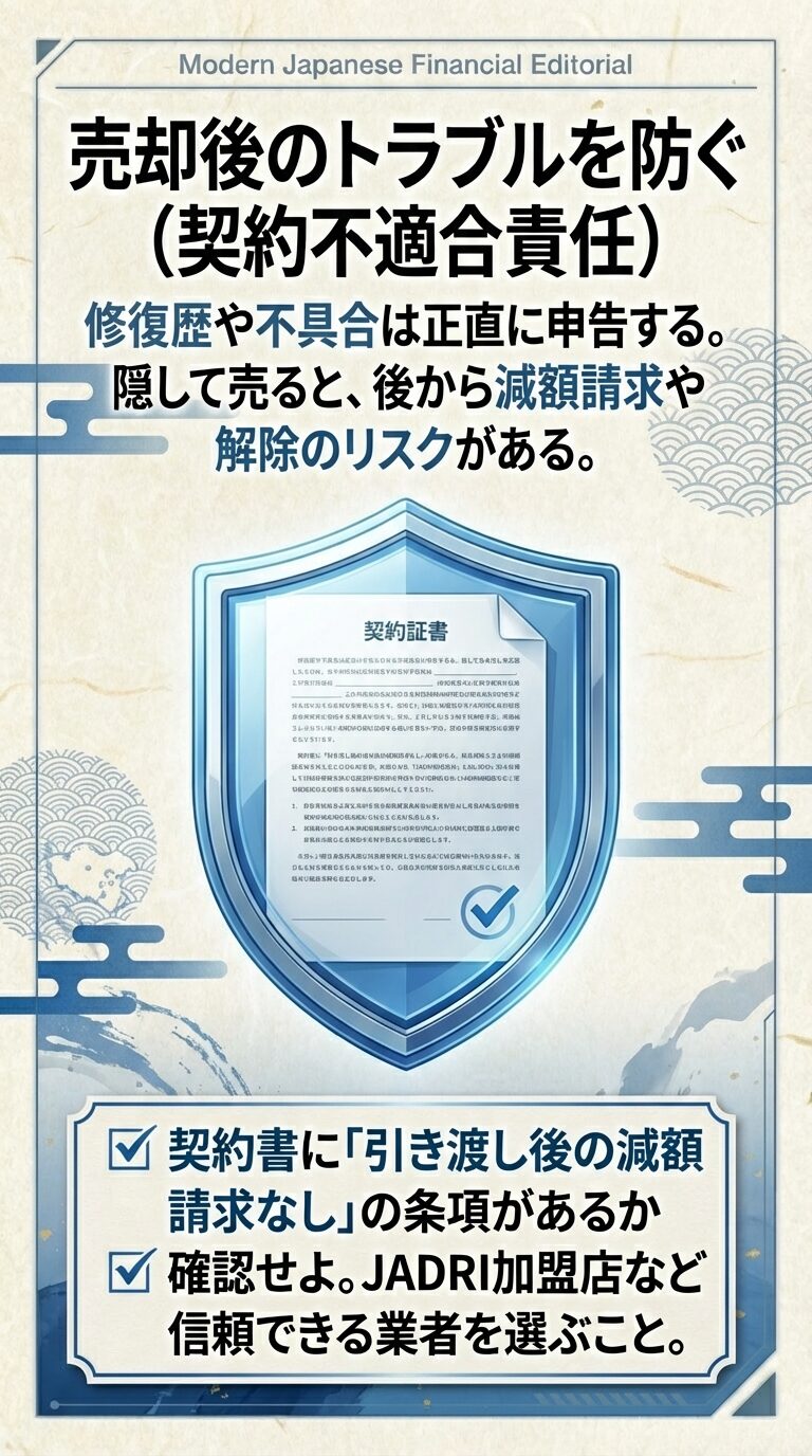 契約書のイラスト。不具合の正直な申告と、契約書に「引き渡し後の減額請求なし」の条項があるか確認すべき重要性を説いている。 