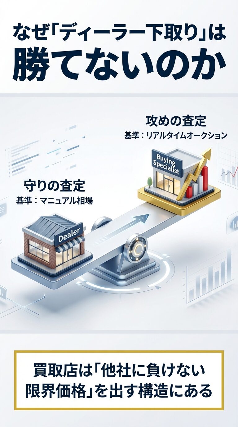 ディーラーの「守りの査定（マニュアル相場）」と、買取店の「攻めの査定（リアルタイムオークション）」の違いを対比させた図解。 