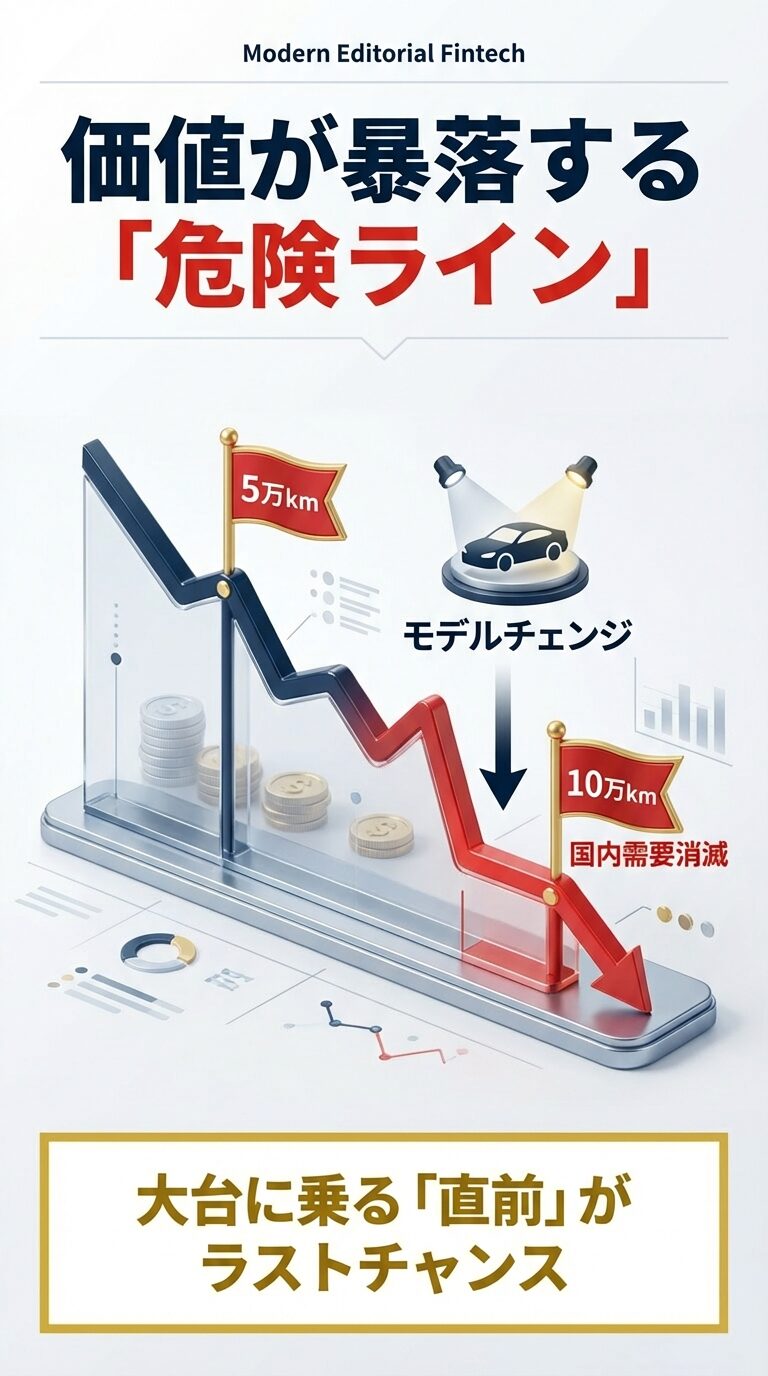 5万km、モデルチェンジ、10万kmといった、価格が急落するタイミングをグラフで示した図。 