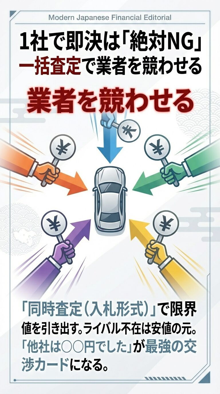 複数の業者が競い合って査定額（¥）が上がっていく様子。他社の査定額を交渉カードにして、入札形式で限界値を引き出す戦略を示している。 