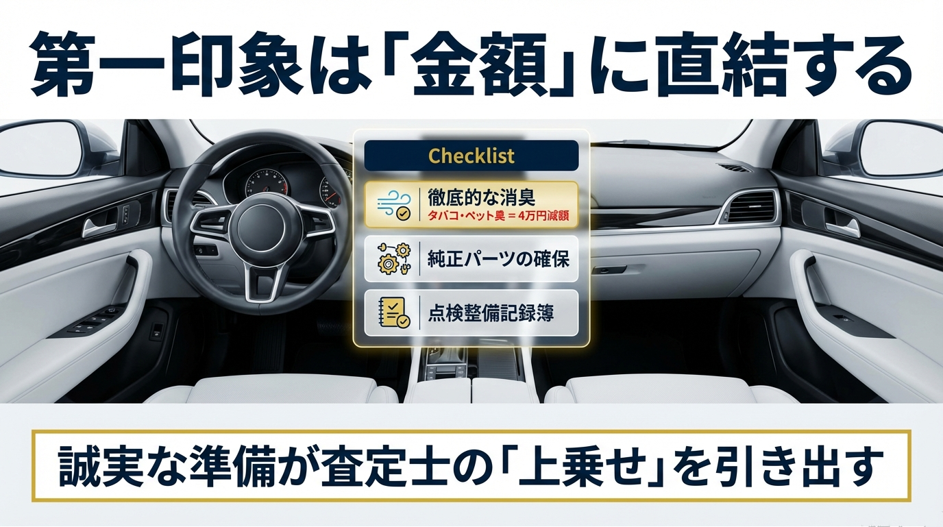 徹底的な消臭、純正パーツの確保、点検整備記録簿の準備など、プラス査定を引き出すための準備リスト。 