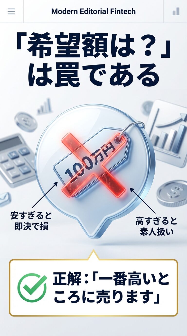 希望額を安く言いすぎると損をし、高すぎると素人扱いされるため、「一番高いところに売る」と答えるのが正解であることを示す図。 