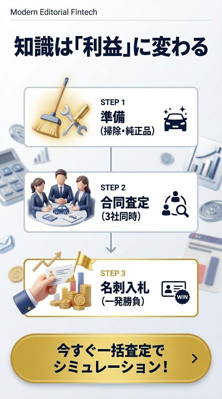 STEP1準備、STEP2合同査定、STEP3名刺入札の3段階で最高値を引き出すプロセスをまとめた図。 
