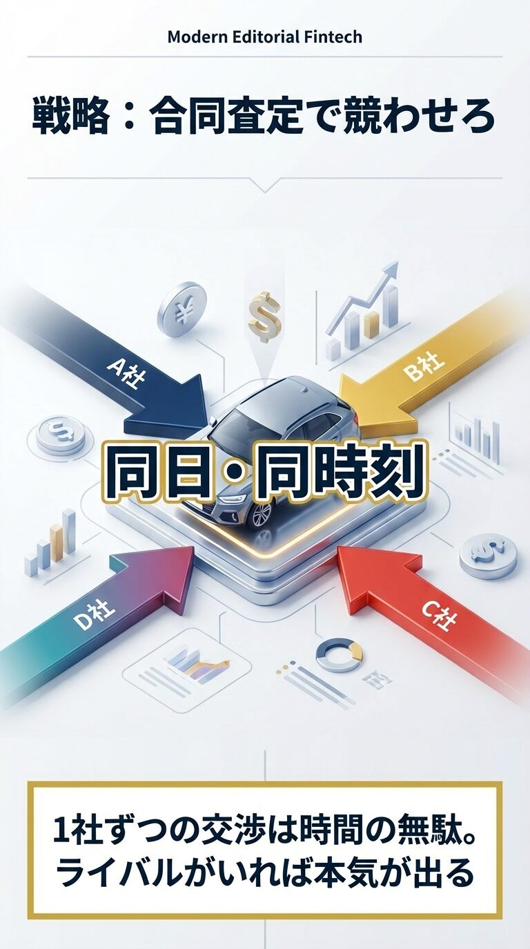 複数社を同日・同時刻に呼び、ライバルを意識させることで高額査定を引き出す仕組みの図解。 