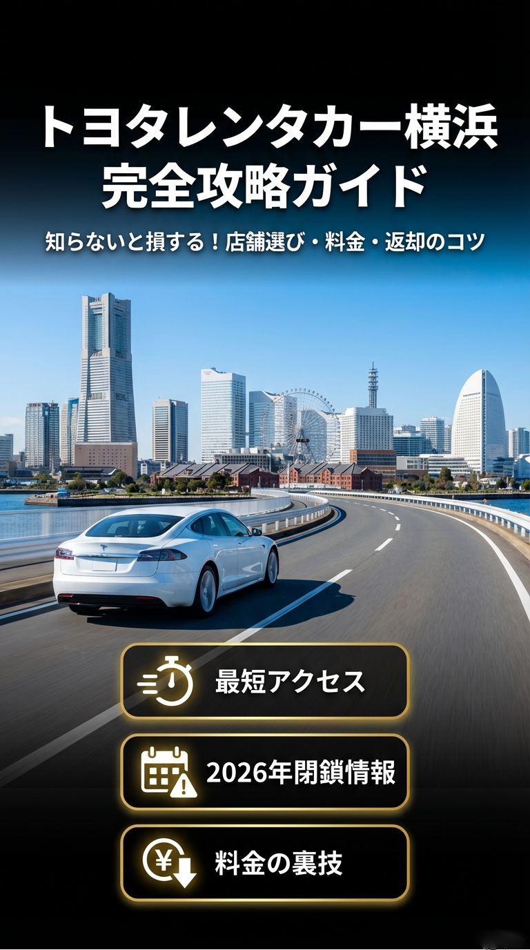 「トヨタレンタカー横浜 完全攻略ガイド：知らないと損する店舗選び・料金・返却のコツ」と書かれた表紙スライド 。