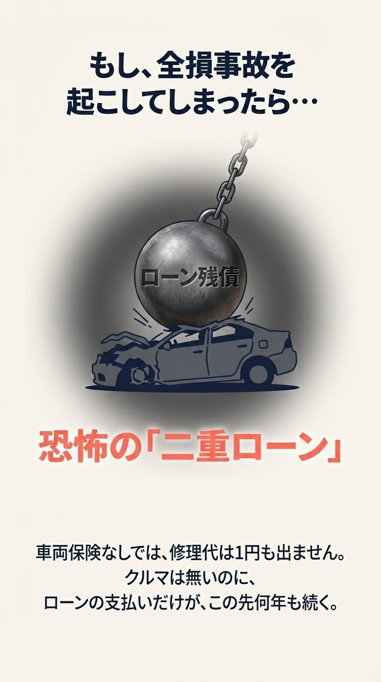 全損事故を起こした際、車両保険がないと車の修理代が出ない一方、ローンの支払いだけが残ってしまう「二重ローン」の恐怖を表現したイラスト。 