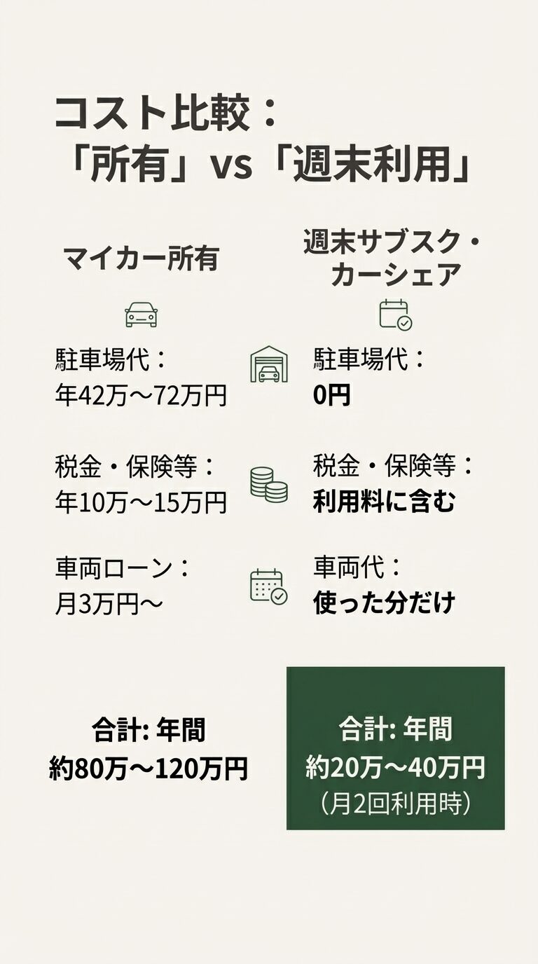 マイカー所有（年80〜120万円）と週末サブスク・シェア利用（年20〜40万円）の比較。駐車場代が0円になるメリットを強調。 