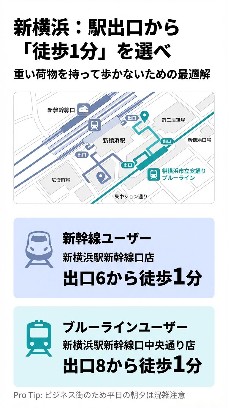新横浜駅の出口（6番・8番）から各店舗への徒歩ルートを示した地図スライド。新幹線ユーザーとブルーラインユーザーそれぞれの最短ルートが記載されている 。