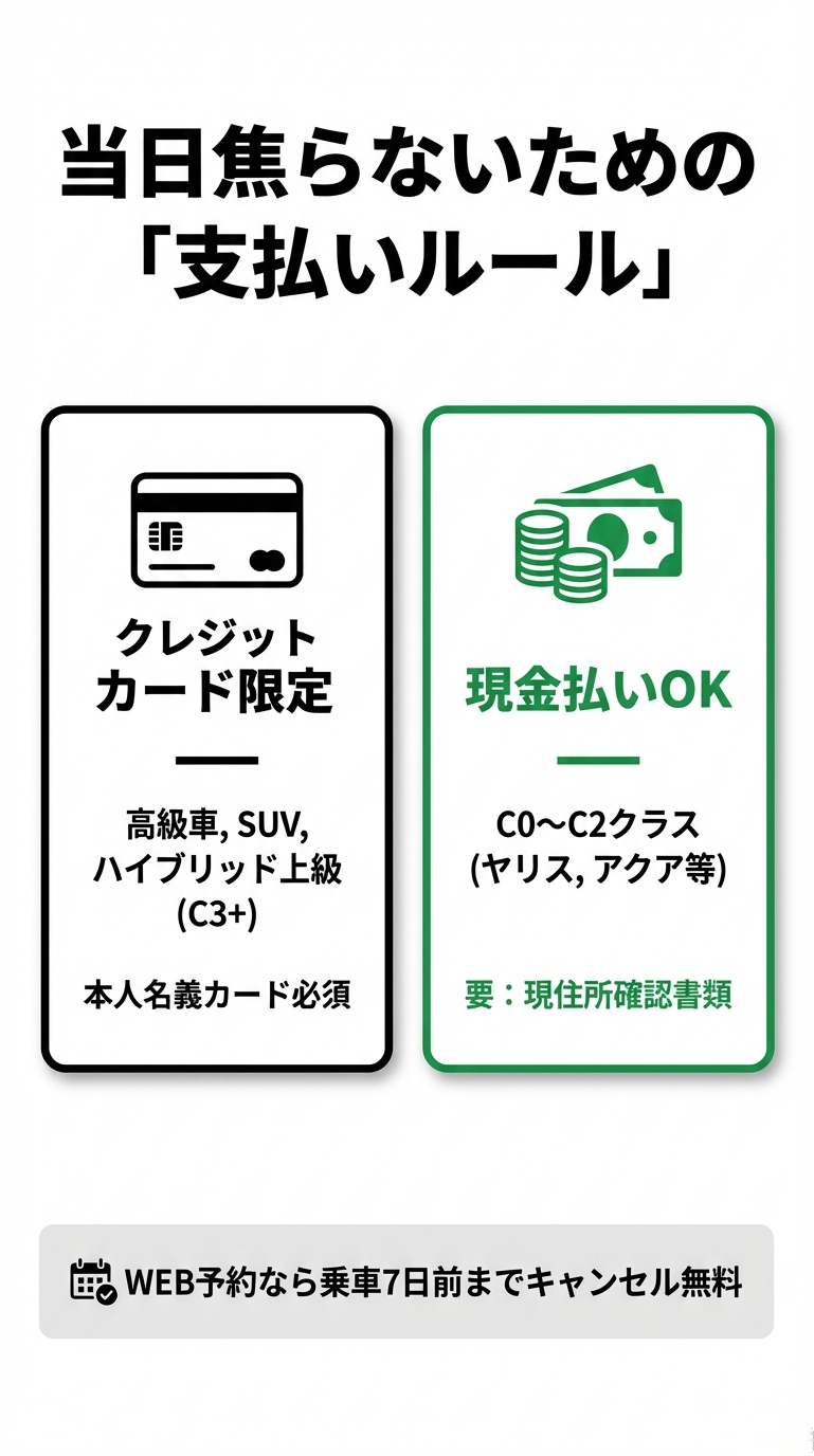 C3以上の高級車やハイブリッド上級車はクレジットカード限定、C0〜C2クラスは現金払いも可能（要書類）であることを示すスライド 。
