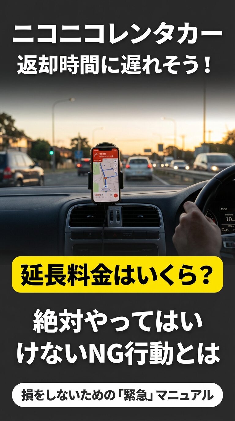 ニコニコレンタカーで返却時間に遅れそうな時の延長料金やNG行動をまとめた、損をしないための「緊急」マニュアルの表紙。