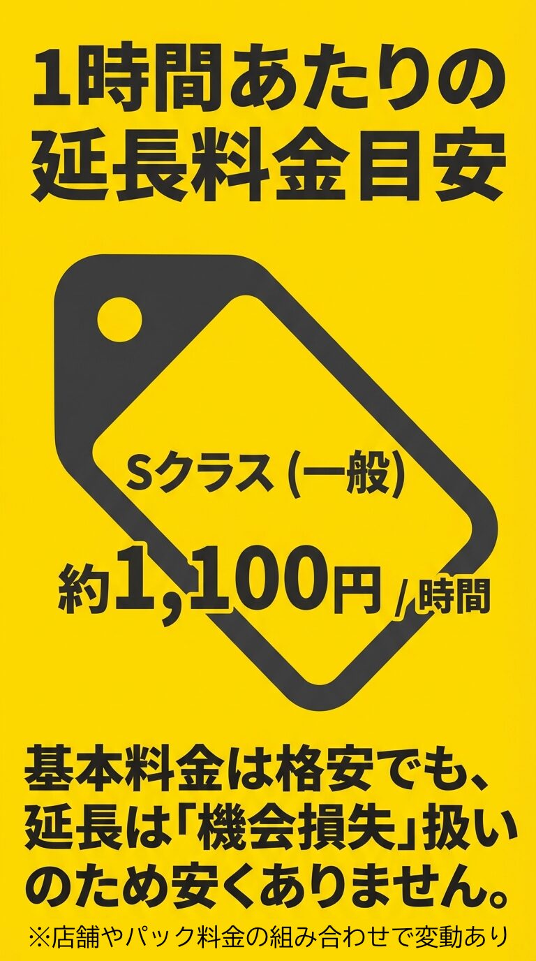 Sクラス（一般）の延長料金は約1,100円/時間。基本料金は格安でも、延長は「機会損失」扱いのため安くないという解説。