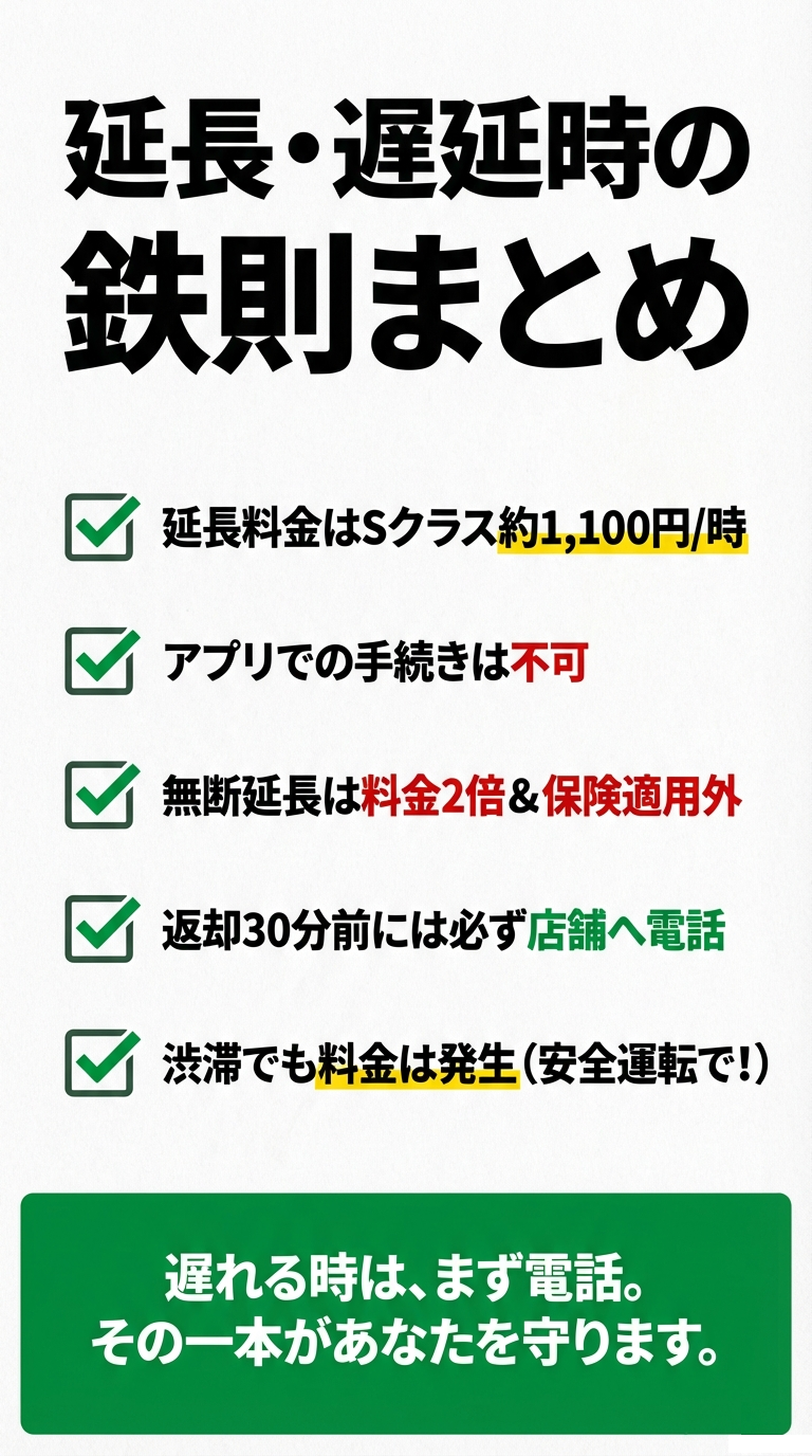 延長料金の相場、アプリ不可、無断延長の罰則、30分前の電話連絡など、遅延時に守るべき5つの鉄則をまとめたリスト。