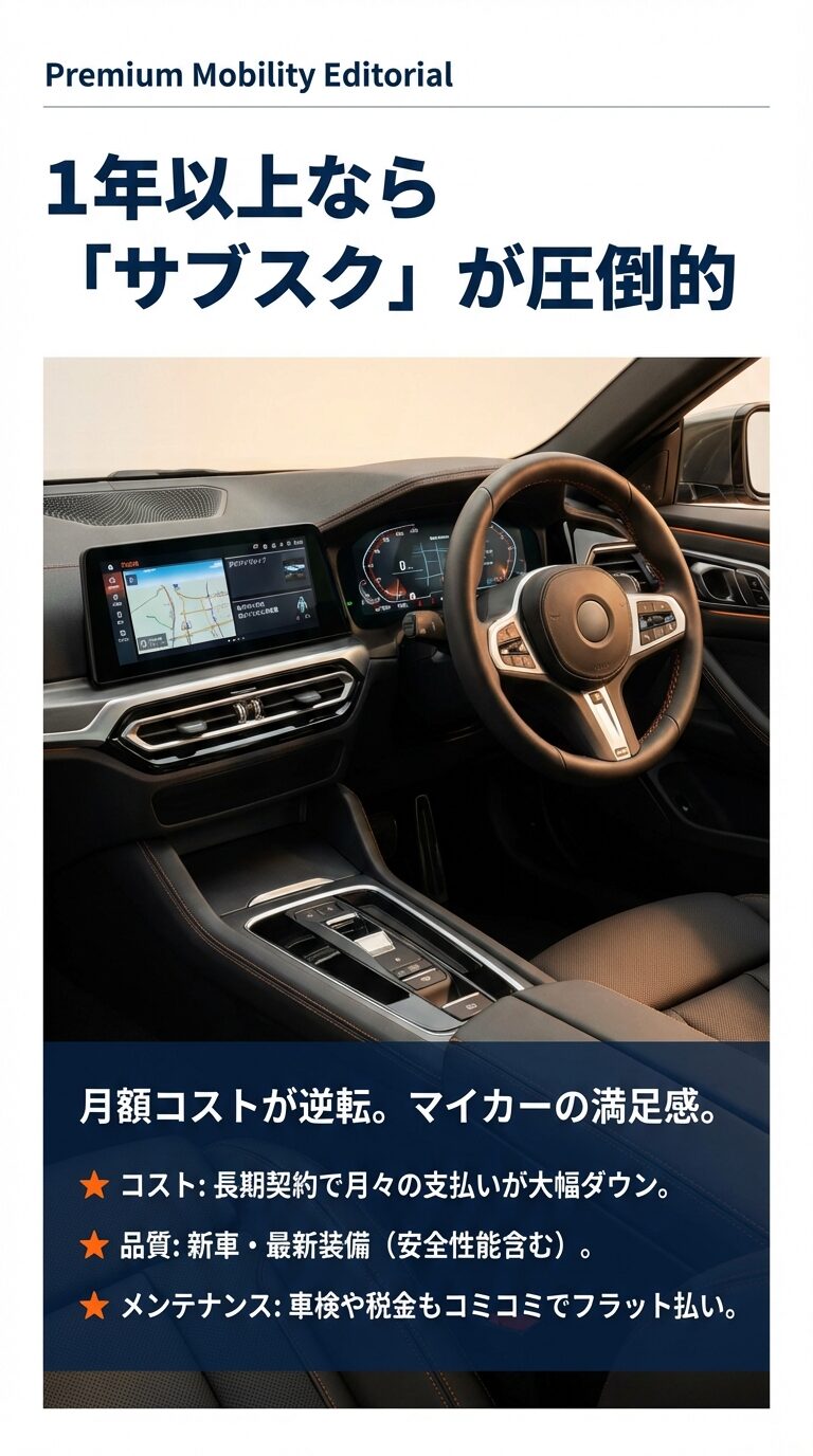 1年以上ならサブスクが有利。長期契約で月額コストが下がり、新車や最新装備、メンテナンス込みの定額払いが可能であることを示すスライド。