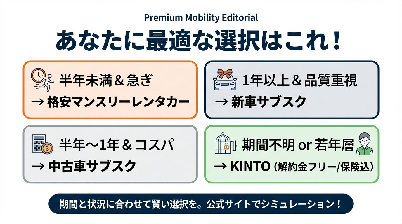 利用期間と状況（急ぎ、コスパ、品質重視、期間不明など）に合わせて、レンタカー、中古車サブスク、新車サブスク、KINTOのどれを選ぶべきかを示すまとめ画像。