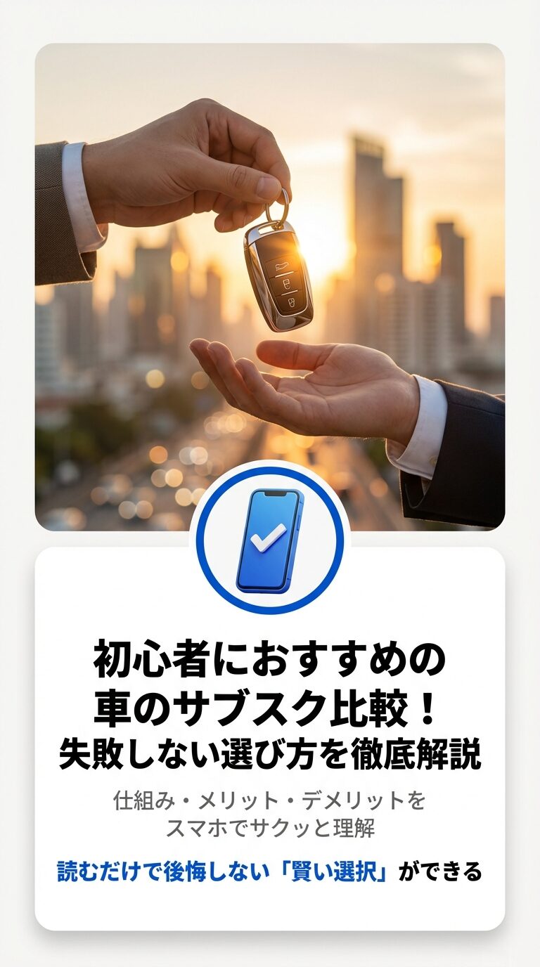 「初心者におすすめの車のサブスク比較！失敗しない選び方を徹底解説」と書かれた表紙画像。 