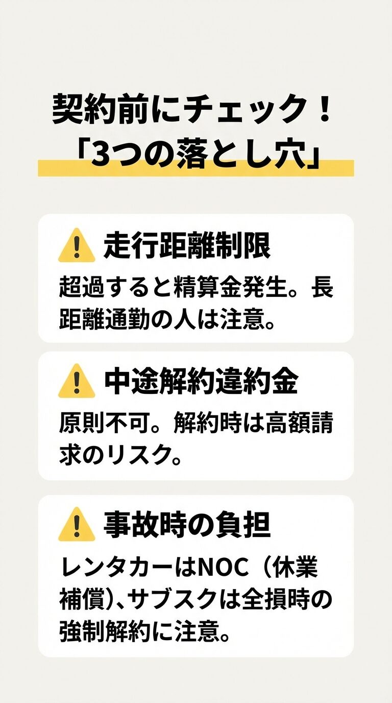 走行距離制限、中途解約の原則不可、事故時の負担（NOCや全損時の解約）に関する注意喚起。