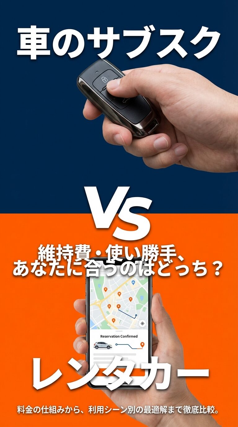 「車のサブスク vs レンタカー 維持費・使い勝手、あなたに合うのはどっち？」というタイトルと、スマートフォンの予約画面のイラスト。