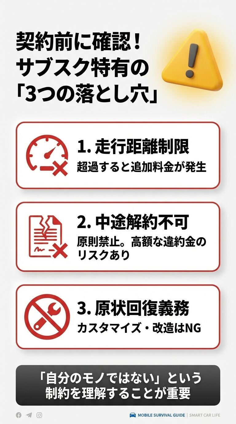 破れた契約書のイラストと共に、1.走行距離制限、2.中途解約不可、3.原状回復義務の3つの注意点を解説。 