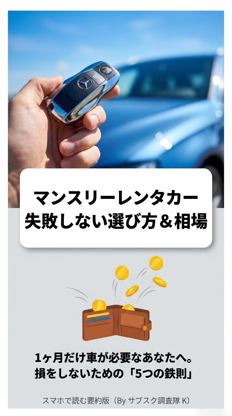 マンスリーレンタカーで失敗しない選び方と相場を解説する、スライドの表紙画像。