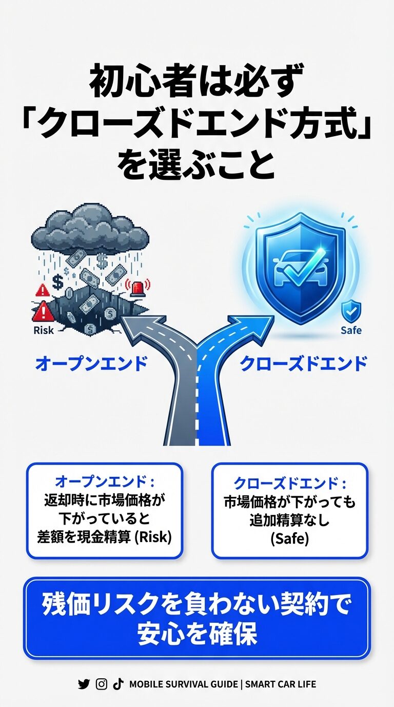 市場価格下落のリスクがあるオープンエンド方式（雨雲）と、追加精算なしで安全なクローズドエンド方式（盾）の比較図。 