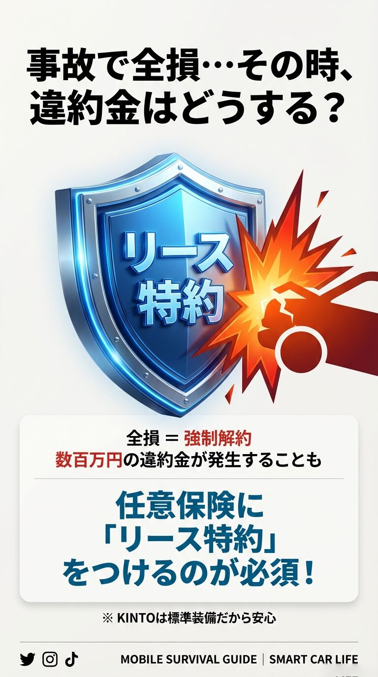 事故で全損した際の強制解約・違約金リスクと、それをカバーする「リース特約」の重要性を説く画像。 